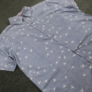TOKU Mens Blue White Pinstripe Bird Print Short Sleeve Button Down Shirt Small